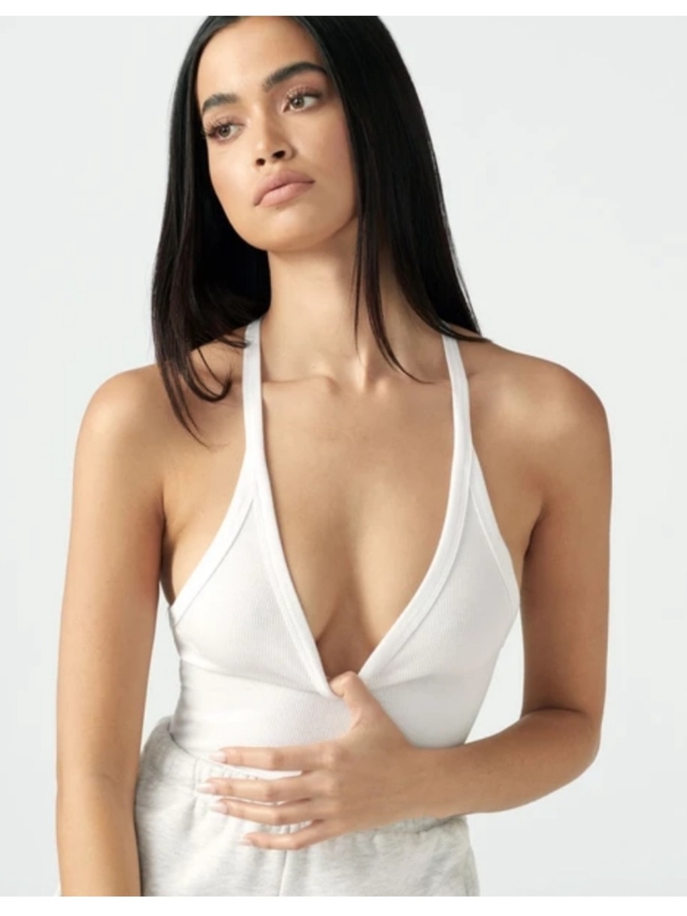 Joah Brown White Ribbed Deep V Tank Top